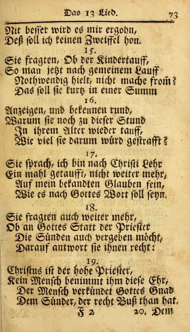 Ausbund, das ist Etliche Schöne Christliche Lieder wie sie in dem Gefängnüss zu Bassau in dem Schloß von den Schweitzer-Brüdern, und von anderen rechtgläubigen Christen hin und her gedichtet worden... page 73