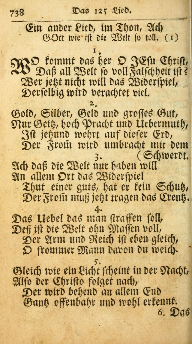 Ausbund, das ist Etliche Schöne Christliche Lieder wie sie in dem Gefängnüss zu Bassau in dem Schloß von den Schweitzer-Brüdern, und von anderen rechtgläubigen Christen hin und her gedichtet worden... page 738