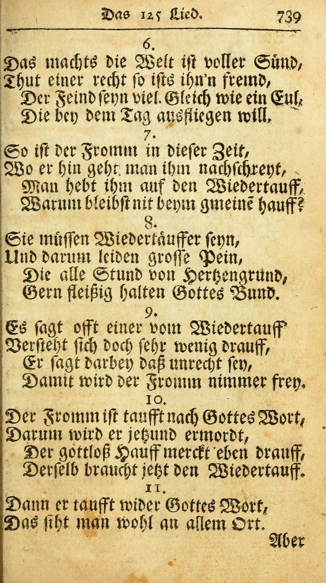 Ausbund, das ist Etliche Schöne Christliche Lieder wie sie in dem Gefängnüss zu Bassau in dem Schloß von den Schweitzer-Brüdern, und von anderen rechtgläubigen Christen hin und her gedichtet worden... page 739