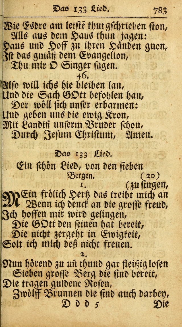 Ausbund, das ist Etliche Schöne Christliche Lieder wie sie in dem Gefängnüss zu Bassau in dem Schloß von den Schweitzer-Brüdern, und von anderen rechtgläubigen Christen hin und her gedichtet worden... page 783