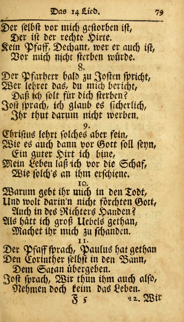 Ausbund, das ist Etliche Schöne Christliche Lieder wie sie in dem Gefängnüss zu Bassau in dem Schloß von den Schweitzer-Brüdern, und von anderen rechtgläubigen Christen hin und her gedichtet worden... page 79