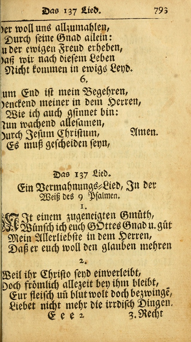 Ausbund, das ist Etliche Schöne Christliche Lieder wie sie in dem Gefängnüss zu Bassau in dem Schloß von den Schweitzer-Brüdern, und von anderen rechtgläubigen Christen hin und her gedichtet worden... page 793