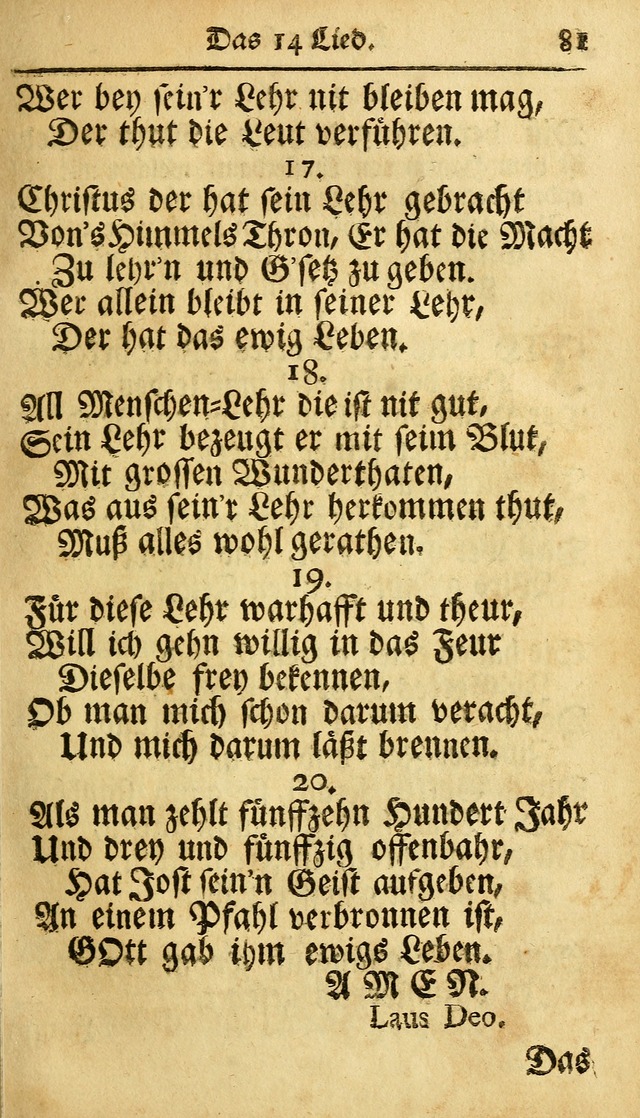 Ausbund, das ist Etliche Schöne Christliche Lieder wie sie in dem Gefängnüss zu Bassau in dem Schloß von den Schweitzer-Brüdern, und von anderen rechtgläubigen Christen hin und her gedichtet worden... page 81