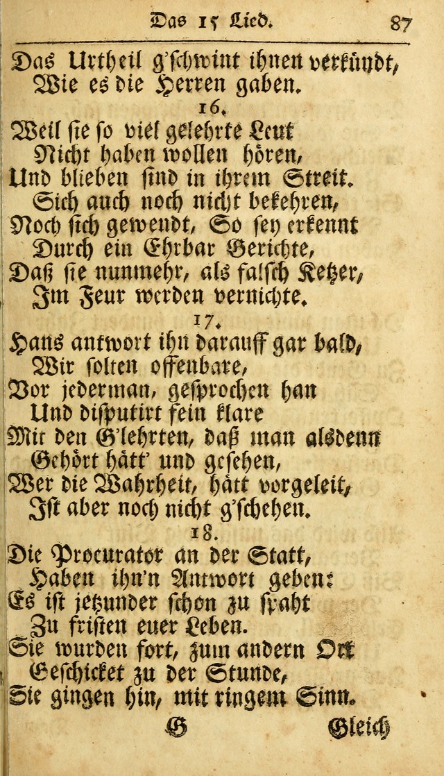 Ausbund, das ist Etliche Schöne Christliche Lieder wie sie in dem Gefängnüss zu Bassau in dem Schloß von den Schweitzer-Brüdern, und von anderen rechtgläubigen Christen hin und her gedichtet worden... page 87