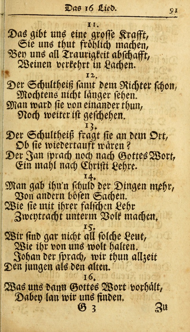 Ausbund, das ist Etliche Schöne Christliche Lieder wie sie in dem Gefängnüss zu Bassau in dem Schloß von den Schweitzer-Brüdern, und von anderen rechtgläubigen Christen hin und her gedichtet worden... page 91