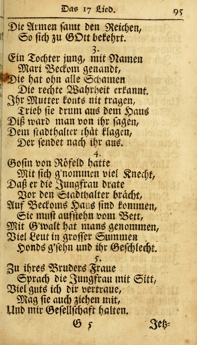 Ausbund, das ist Etliche Schöne Christliche Lieder wie sie in dem Gefängnüss zu Bassau in dem Schloß von den Schweitzer-Brüdern, und von anderen rechtgläubigen Christen hin und her gedichtet worden... page 95