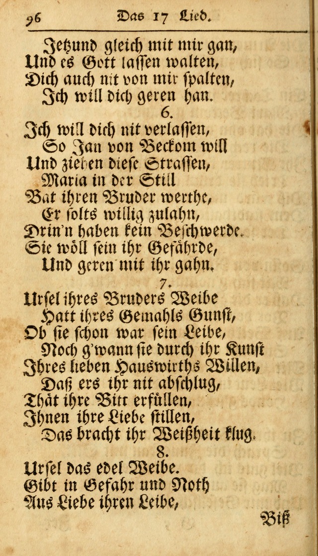 Ausbund, das ist Etliche Schöne Christliche Lieder wie sie in dem Gefängnüss zu Bassau in dem Schloß von den Schweitzer-Brüdern, und von anderen rechtgläubigen Christen hin und her gedichtet worden... page 96