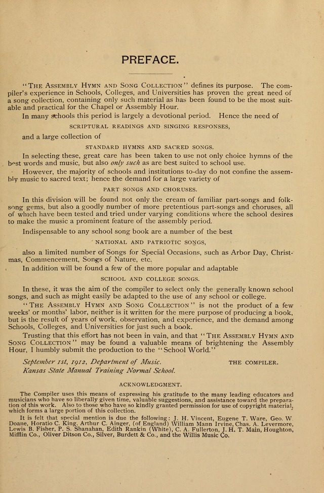 The Assembly Hymn and Song Collection: designed for use in chapel, assembly, convocation, or general exercises of schools, normals, colleges and universities. (3rd ed.) page 1