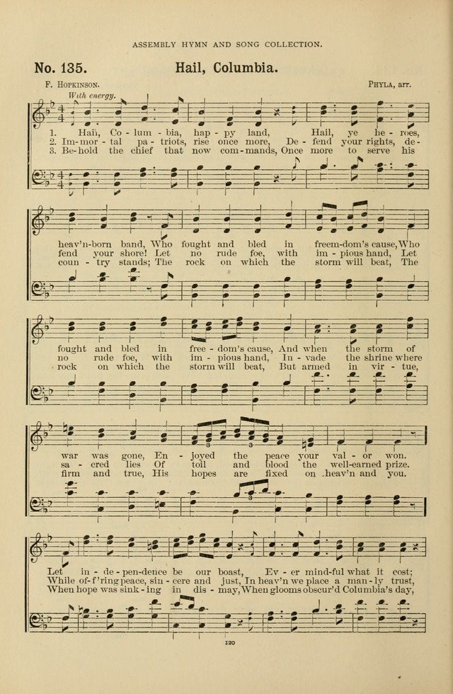 The Assembly Hymn and Song Collection: designed for use in chapel, assembly, convocation, or general exercises of schools, normals, colleges and universities. (3rd ed.) page 120