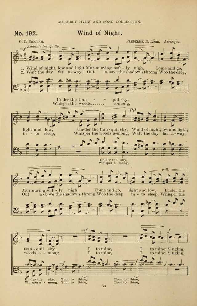 The Assembly Hymn and Song Collection: designed for use in chapel, assembly, convocation, or general exercises of schools, normals, colleges and universities. (3rd ed.) page 174