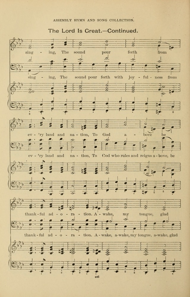 The Assembly Hymn and Song Collection: designed for use in chapel, assembly, convocation, or general exercises of schools, normals, colleges and universities. (3rd ed.) page 216