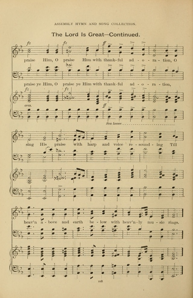 The Assembly Hymn and Song Collection: designed for use in chapel, assembly, convocation, or general exercises of schools, normals, colleges and universities. (3rd ed.) page 218