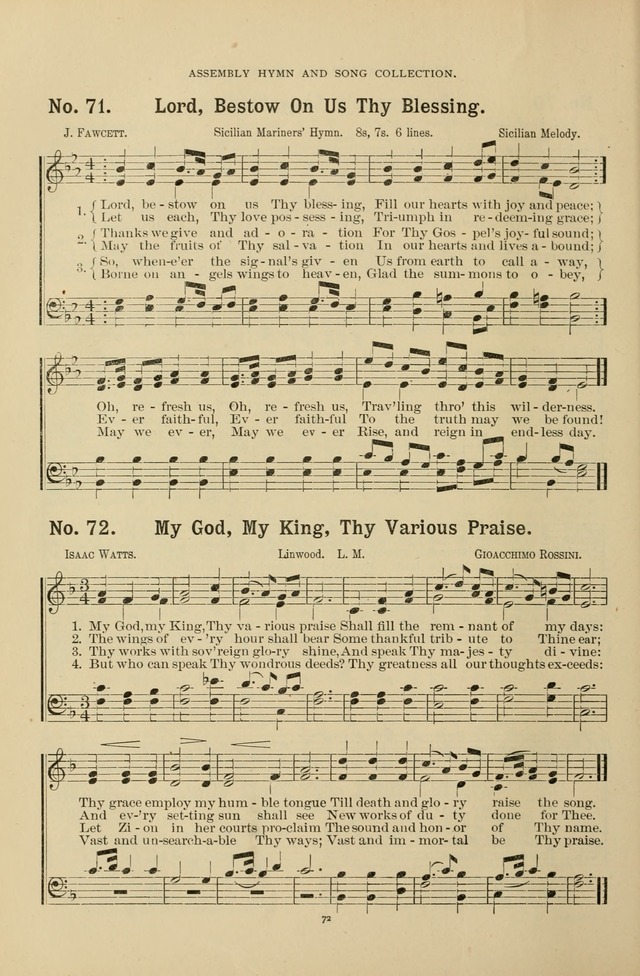 The Assembly Hymn and Song Collection: designed for use in chapel, assembly, convocation, or general exercises of schools, normals, colleges and universities. (3rd ed.) page 72