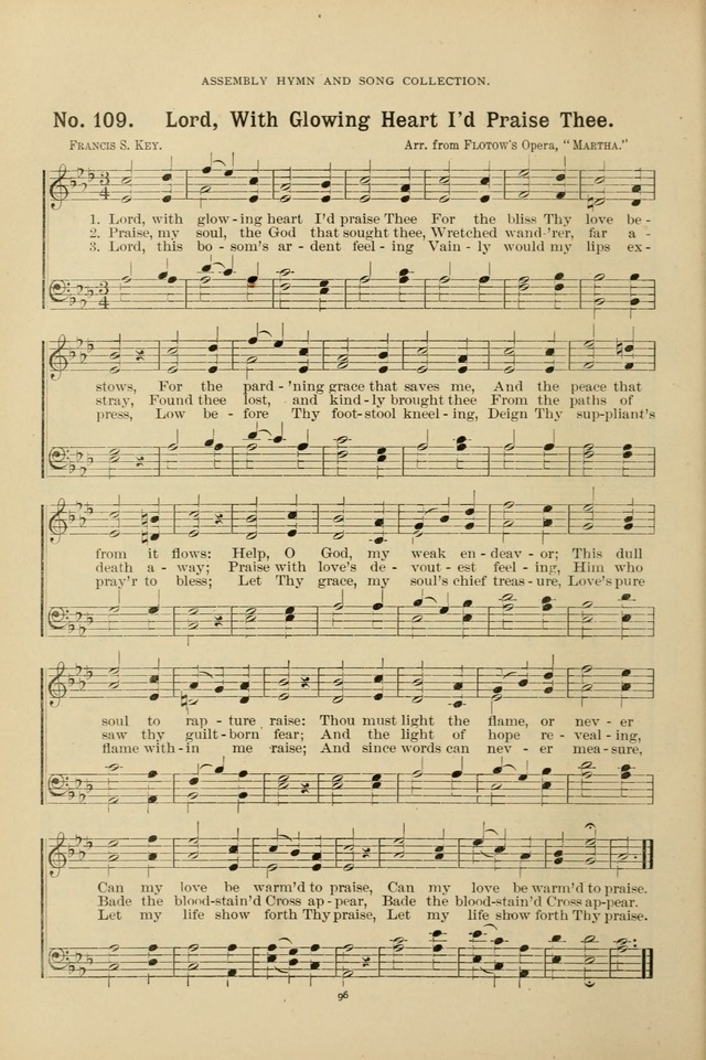 The Assembly Hymn and Song Collection: designed for use in chapel, assembly, convocation, or general exercises of schools, normals, colleges and universities. (3rd ed.) page 96