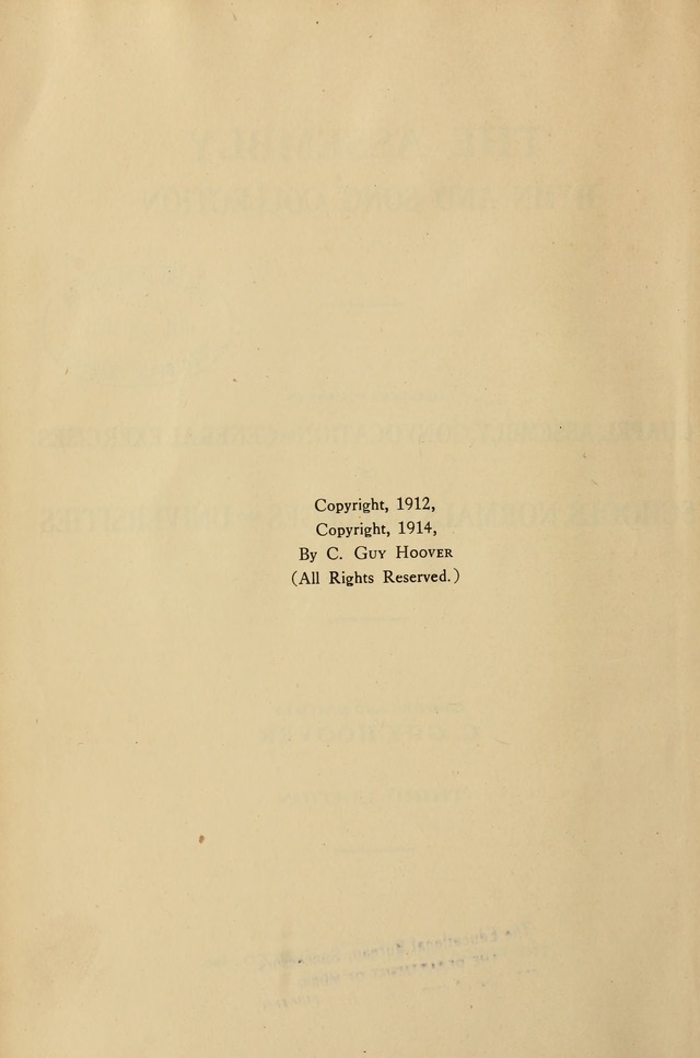 The Assembly Hymn and Song Collection: designed for use in chapel, assembly, convocation, or general exercises of schools, normals, colleges and universities. (3rd ed.) page vi