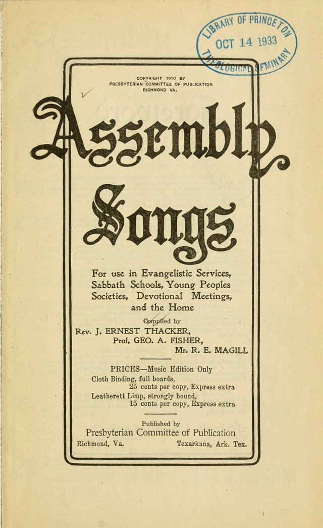 Assembly Songs: for use in evangelistic services, Sabbath schools, young peoples societies, devotional meetings, and the home page v