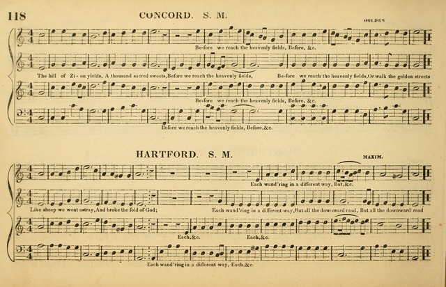 The American Vocalist: a selection of tunes, anthems, sentences, and hymns, old and new: designed for the church, the vestry, or the parlor; adapted to every variety of metre in common use. (Rev. ed.) page 118