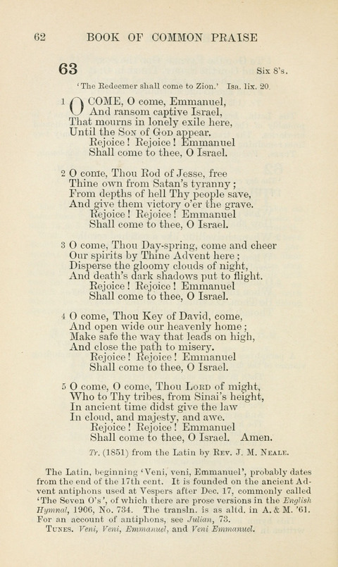 The Book of Common Praise: being the Hymn Book of the Church of England in Canada. Annotated edition page 62