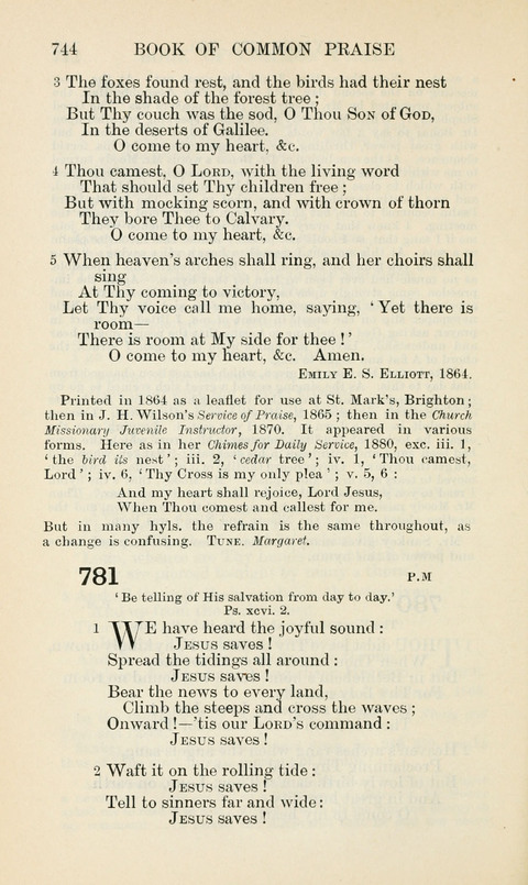 The Book of Common Praise: being the Hymn Book of the Church of England in Canada. Annotated edition page 744