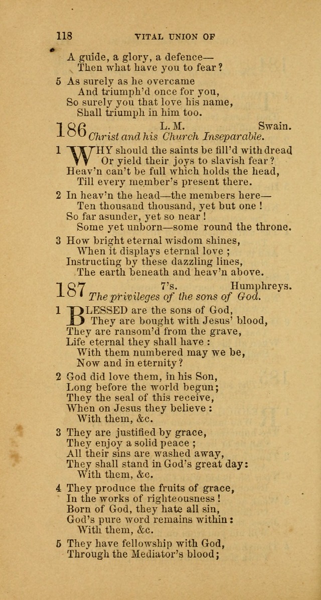 The Baptist Hymn Book: comprising a large and choice collection of psalms, hymns and spiritual songs, adapted to the faith and order of the Old School, or Primitive Baptists (2nd stereotype Ed.) page 118