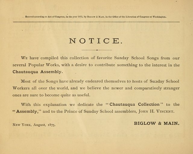 The Chautauqua Collection: a compilation of favorite Sunday school songs prepared for the use at the Chautatuqua Sunday School Teachers