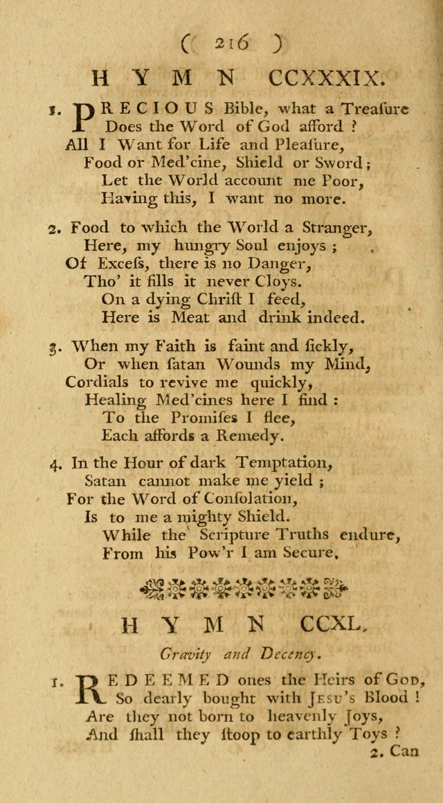 The Christians Duty, exhibited, in a series of Hymns: collected from various authors, designed for the worship of God, and for the edification of Christians (1st Ed.) page 216