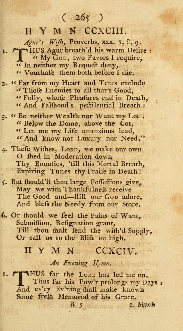 The Christians Duty, exhibited, in a series of Hymns: collected from various authors, designed for the worship of God, and for the edification of Christians (1st Ed.) page 265