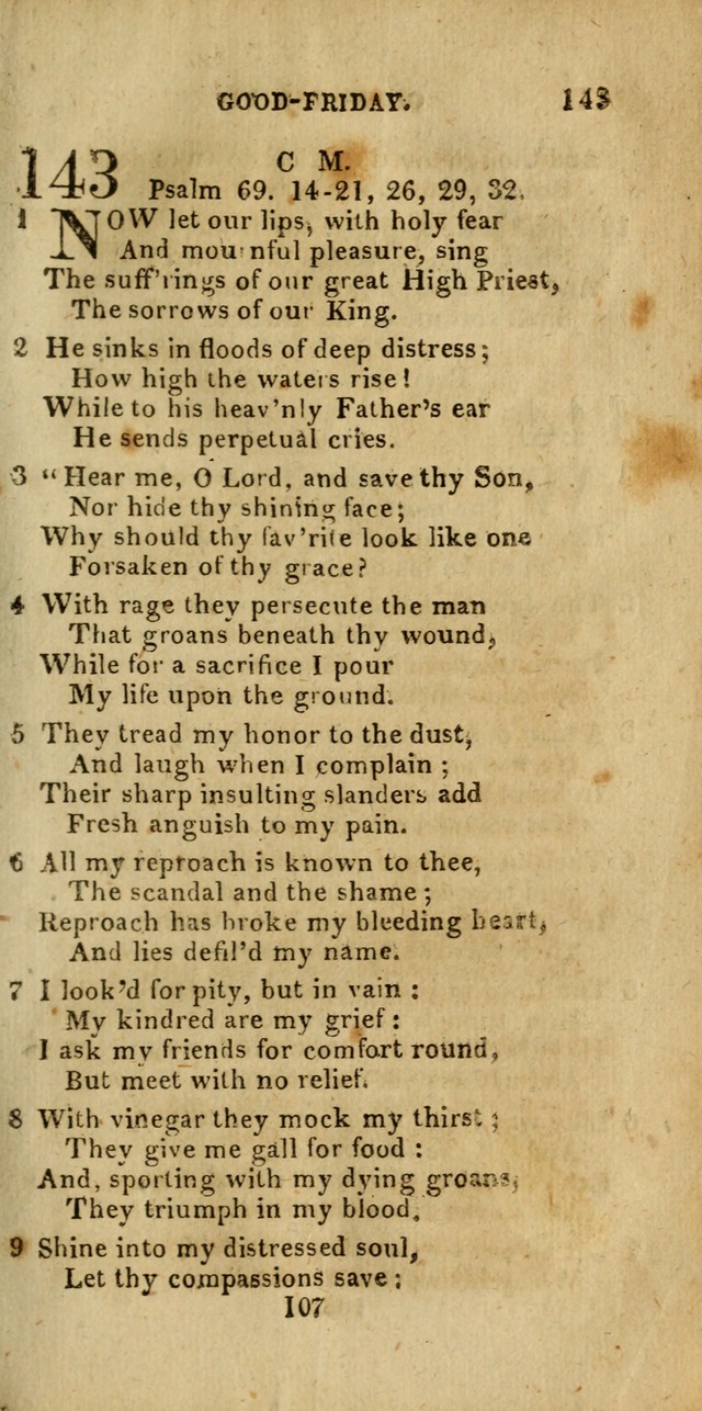 Church Hymn Book; consisting of hymns and psalms, original and selected. adapted to public worship and many other occasions. 2nd ed. page 107