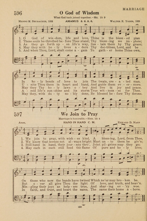 Church Hymnal, Mennonite: a collection of hymns and sacred songs suitable for use in public worship, worship in the home, and all general occasions (1st ed. ) [with Deutscher Anhang] page 458