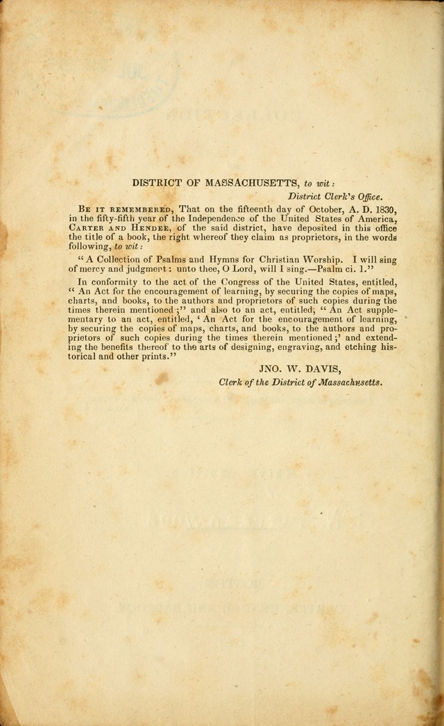 A Collection of Psalms and Hymns for Christian Worship. (3rd ed.) page vi