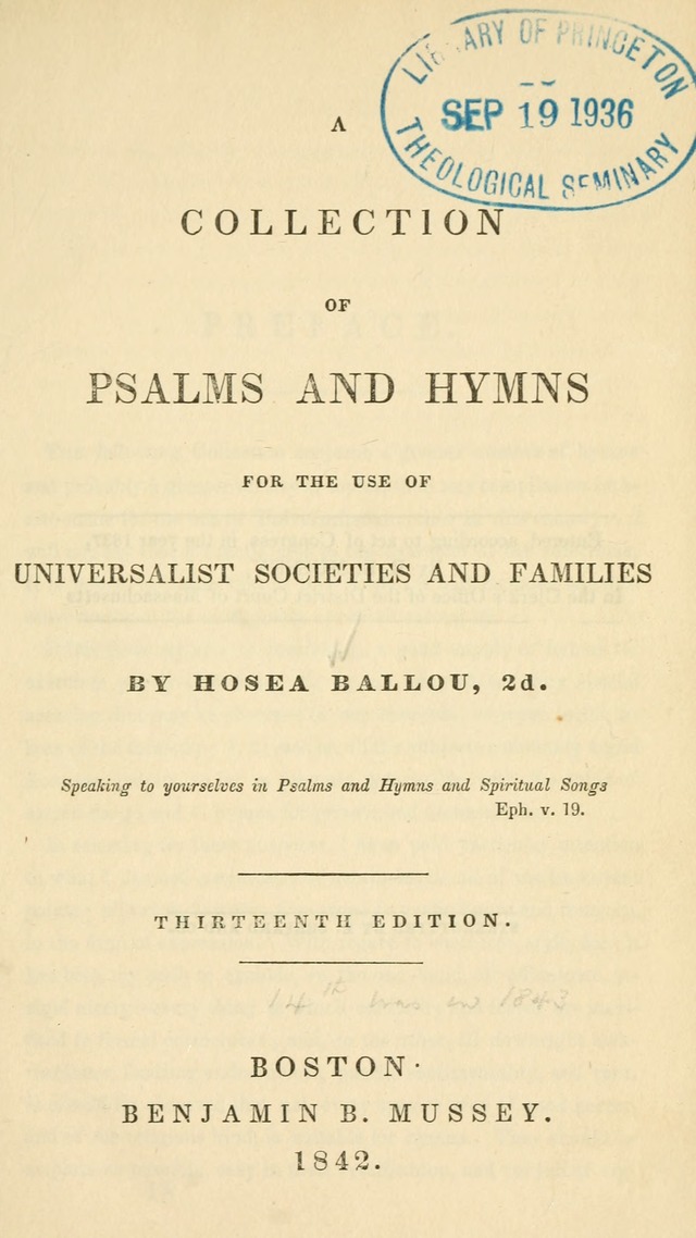 A Collection of Psalms and Hymns for the use of Universalist Societies and Families (13th ed.) page 1