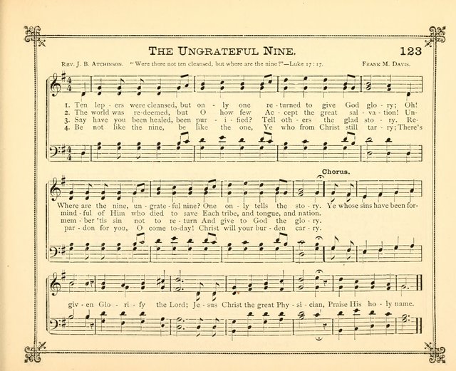 Carols of Joy: choice collection of songs and hymns for the Sunday School, Bible class, and the Home Circle to which has been added an easy method of Rudimental Instruction in Music, for Weekday Study page 123