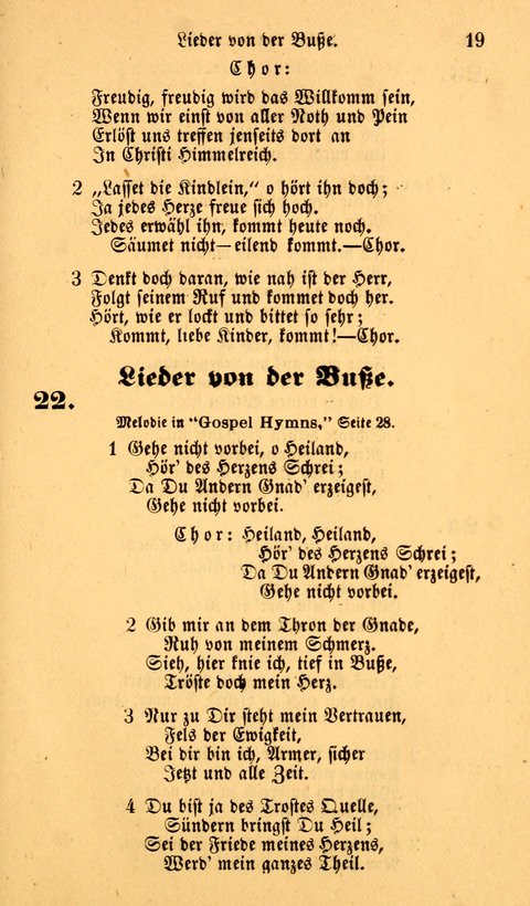 Die Deutsche Ausgabe der Englischen und Deutschen Frohen Botschaftslieder: zum Gebrauch bei Erweckungs- und Gebetsversammlungen (Ebenezer Hymnal) page 19