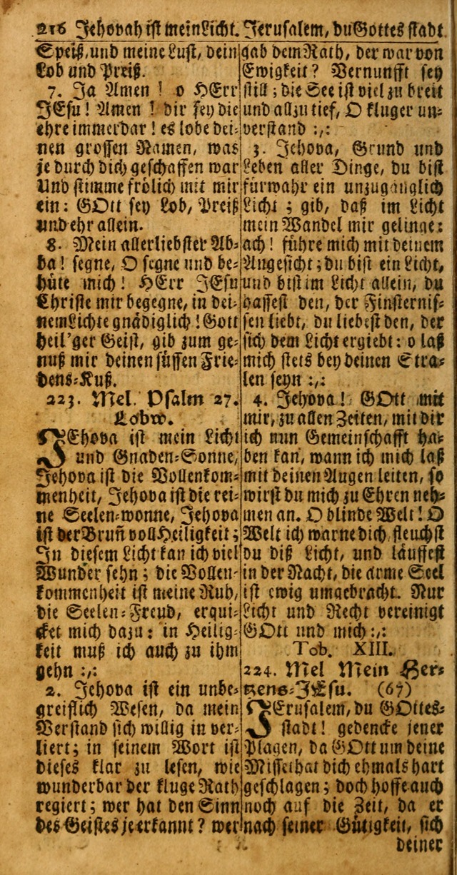 Das Kleine Davidische Psalterspiel der Kinder Zions: von alten und neuen auserlesenen Geistes-Gesängen allen wahren heuls-begierigen säuglingen der weisheit, infonderheit aber denen Gemeinden ... page 216