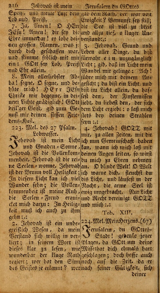 Das Kleine Davidische Psalterspiel der Kinder Zions: von alten und neuen auserlesenen Geistes-Gesängen allen wahren heils-begierigen säuglingen der weisheit, infonderheit aber denen Gemeinden ... page 216