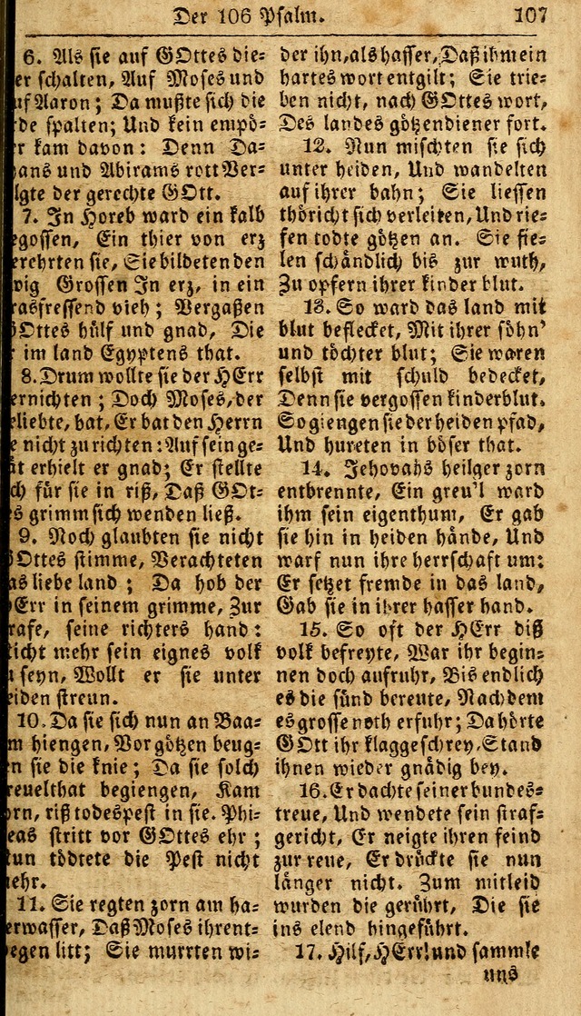 Das neue und verbesserte Gesangbuch, worinnen die Psalmen Davids samt iner Sammlung alter und neuer Geistreicher Lieder, sowohl für privat und Hausandachten, als auch für den öffentlichen..(5th Aufl.) page 107