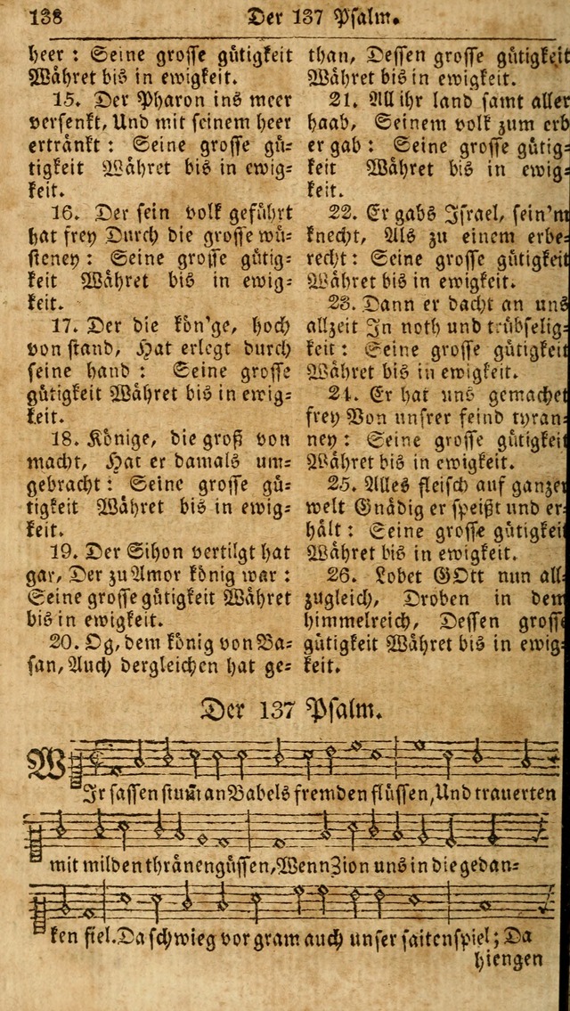 Das neue und verbesserte Gesangbuch, worinnen die Psalmen Davids samt iner Sammlung alter und neuer Geistreicher Lieder, sowohl für privat und Hausandachten, als auch für den öffentlichen..(5th Aufl.) page 138