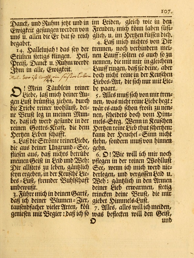 Das Gesäng Der einsamen und verlassenen Turtel-Taube, Nemlich der Christlichen Kirche: oder geistliche u. erfahrungs-volle liedens u. libes-gethöne, als darinnen bendes die volrkost der neuen welt... page 107