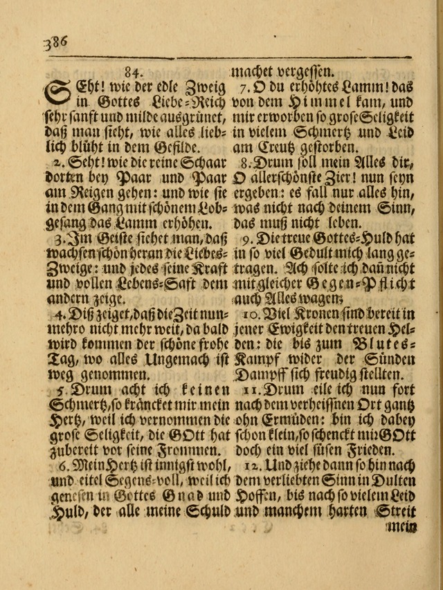 Das Gesäng Der einsamen und verlassenen Turtel-Taube, Nemlich der Christlichen Kirche: oder geistliche u. erfahrungs-volle liedens u. libes-gethöne, als darinnen bendes die volrkost der neuen welt... page 386