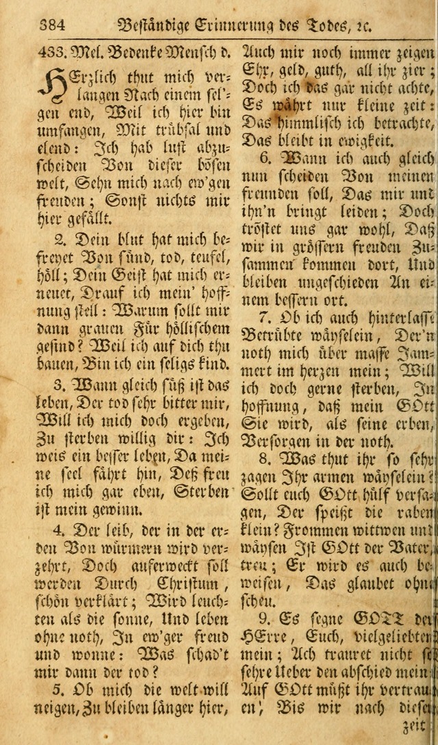 Das Geistliche Saitenspiel: oder, Eine Sammlung auserlesener, erbaulicher, geistreicher Lieder zum Gebrauch aller Gottliebenden Seelen, insonderheit für dei Gemeinen der Evangelischen... (1st Aufl.) page 384