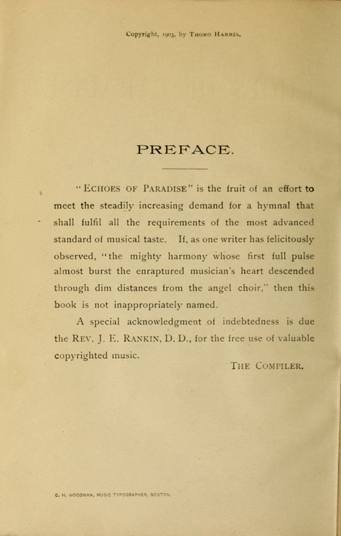 Echoes of Paradise: a choice collection of Christian hymns suitable for Sabbath schools and all other departments of religious work page iii