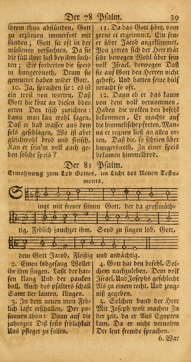 Ein Unpartheyisches Gesang-Buch: enthaltend geistreiche Lieder und Psalmen, zum allgemeinen Gebrauch des wahren Gottesdienstes auf begehren der Brüderschaft der Menoniten Gemeinen... page 39