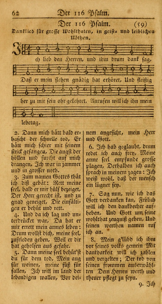 Ein Unpartheyisches Gesang-Buch: enthaltend geistreiche Lieder und Psalmen, zum allgemeinen Gebrauch des wahren Gottesdienstes auf begehren der Brüderschaft der Menoniten Gemeinen... page 62