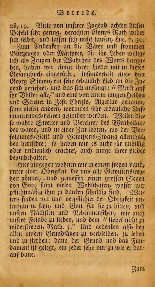 Ein Unpartheyisches Gesang-Buch: enthaltend geistreiche Lieder und Psalmen, zum allgemeinen Gebrauch des wahren Gottesdienstes auf begehren der Brüderschaft der Menoniten Gemeinen... page ix