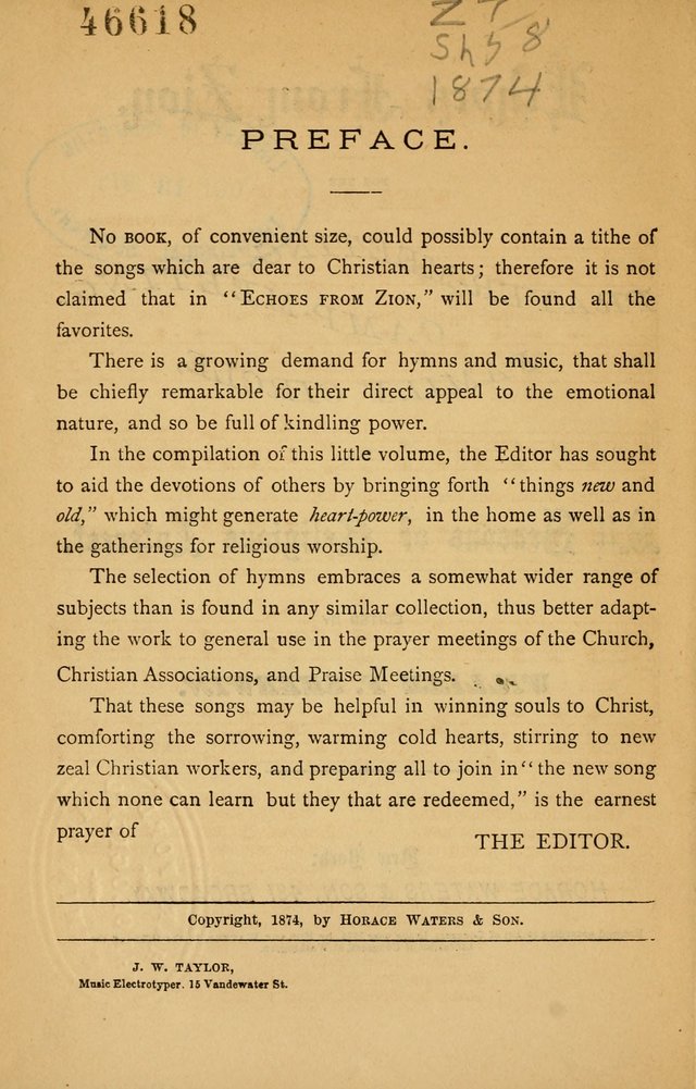 Echoes from Zion: for the prayer meeting, camp-meeting, family circle, and all seasons of religious interest page vi