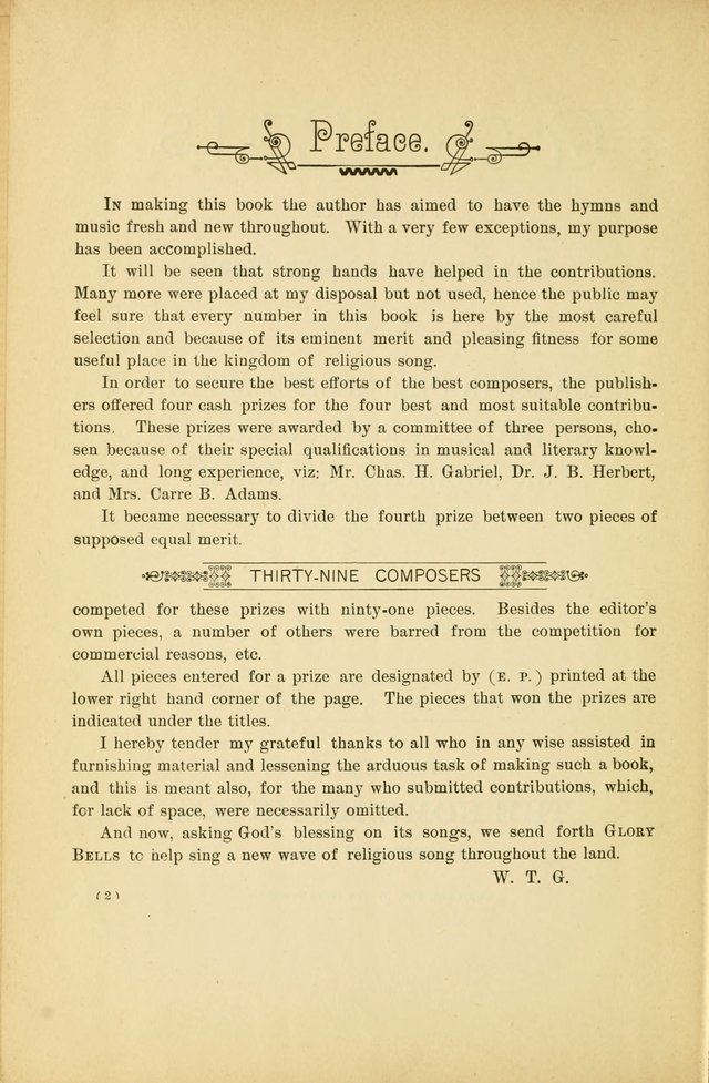 Glory Bells: a collection of new hymns and new music for Sunday-schools, gospel meetings, revivals, Christian Endeavor societies, Epworth Leagues, etc.  page vi