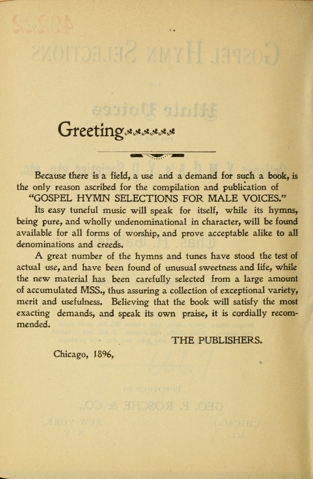 Gospel Hymn Selections for Male Voices: for use in colleges, Y.M.C.A.