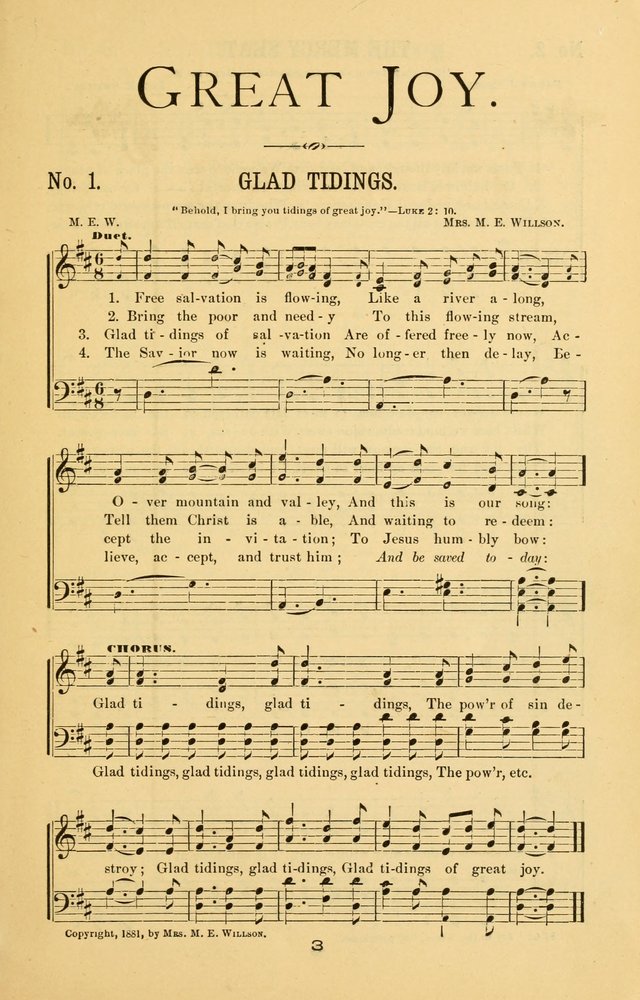 Great Joy!: a new and favorite collection of hymns and music, for gospel meetings, prayer, temperance, and camp meetings, and Sunday schools page 1