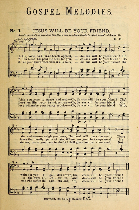 Gospel Melodies: a collection of sacred songs for use in Gospel Meetings, Social Gatheriing, &c., &c. page 3