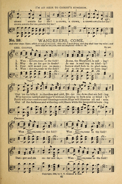 Gospel Melodies: a collection of sacred songs for use in Gospel Meetings, Social Gatheriing, &c., &c. page 61